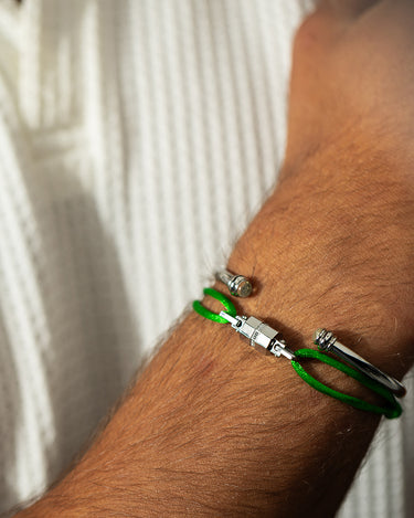 Midnight Lock Groen Armband Zilverkleurig, handgemaakte sieraden, luxe heren sieraden, exclusieve sieraden mannen.