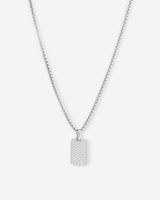 Aurora Pavé zilverkleurig ketting met rechthoekige hanger en fonkelende zirkonia, handgemaakte luxe heren sieraden.