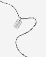 Aurora Pavé zilverkleurig ketting met rechthoekige hanger en fonkelende zirkonia, handgemaakte luxe heren sieraden.