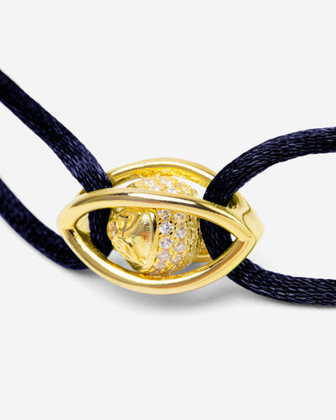 Emerald Guardian Donkerblauw Armband met goudkleurig oog en zirconia steen, handgemaakte sieraden voor mannen.