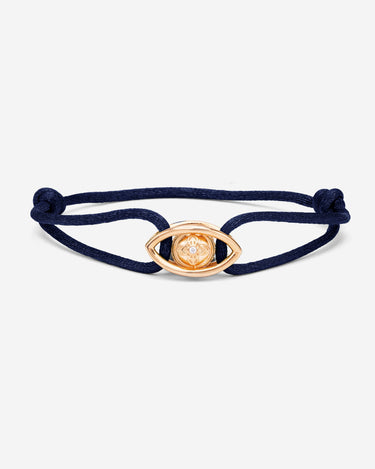 Emerald Guardian Donkerblauw Armband met Rosé Goudkleurig oog en zirconia steen, handgemaakte sieraden.