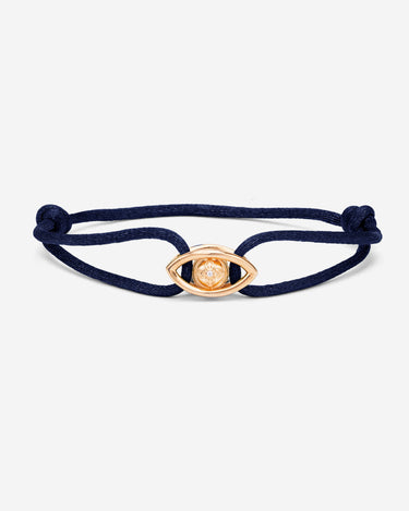 Emerald Guardian Donkerblauw Armband met rosè goudkleurig oog en zirconia steen, handgemaakte sieraden.