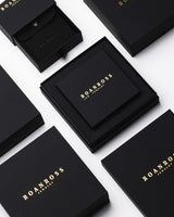 Prachtige zwarte geschenkdozen van Roanross voor luxe heren sieraden met gouden opdruk.