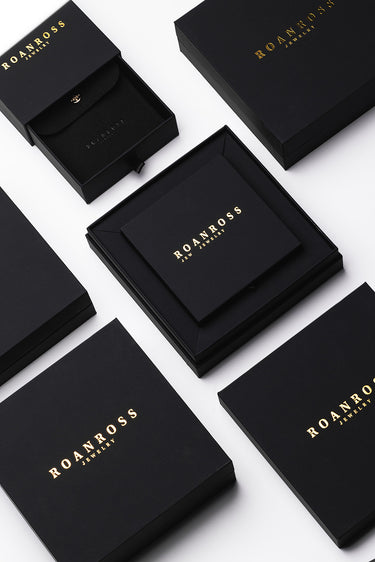 Prachtige zwarte geschenkdozen van Roanross voor luxe heren sieraden met gouden opdruk.